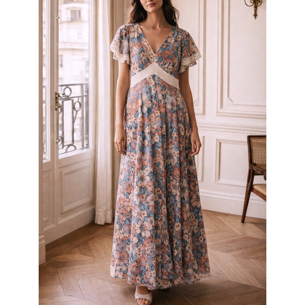 Vintage Small Blue Pink Floral Maxi Dress Cotton Blend V Neck Flutter Sleeve S